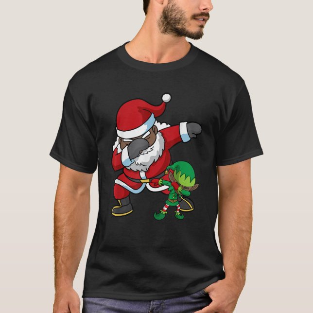 Christmas African American Dabbing Santa Claus Elf T-Shirt (Front)