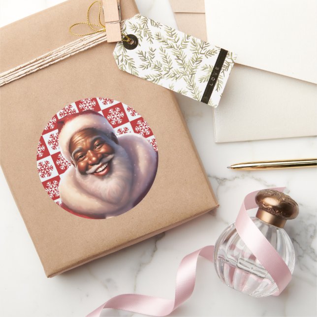 Christmas African-American Jolly Santa Claus, Classic Round Sticker (Gifting)
