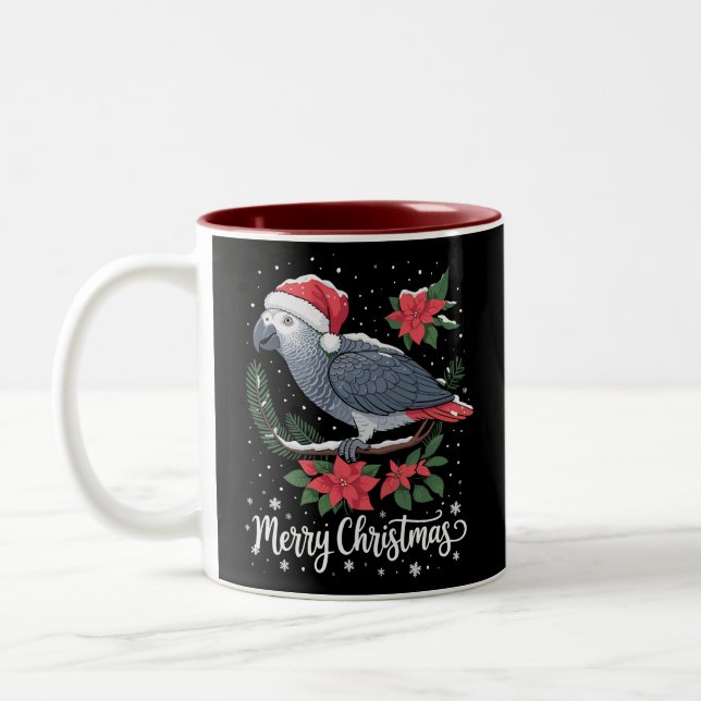 Christmas African Grey Parrot  Two-Tone Coffee Mug (Left)