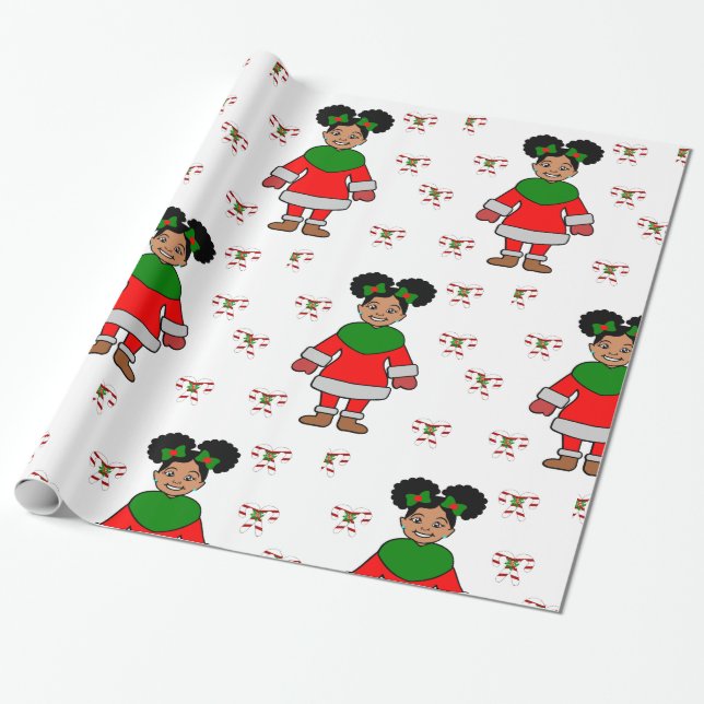 Christmas Afro Girl Black kid Cute Wrapping Paper (Unrolled)