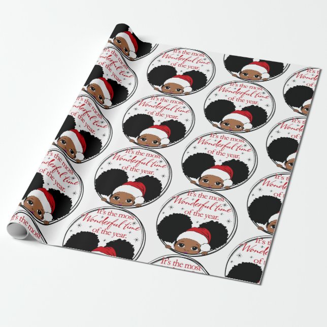 Christmas Afro Girl Black kid Cute Wrapping Paper (Unrolled)