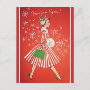 Christmas Again 1950s Vintage Fashion Lady Holiday Postcard