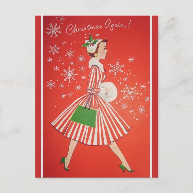 Christmas Again 1950s Vintage Fashion Lady Holiday Postcard (Front)