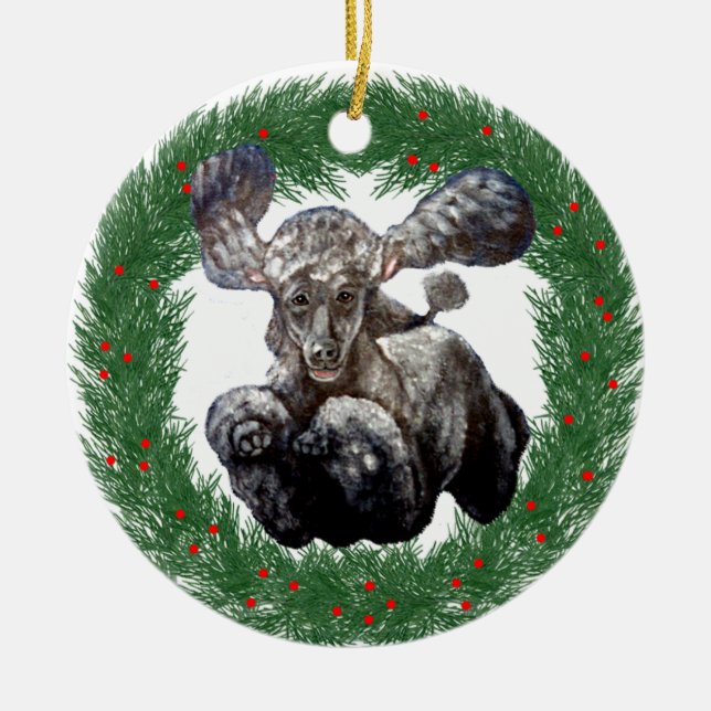 Christmas Agility Poodle Design Ceramic Tree Decoration (Front)