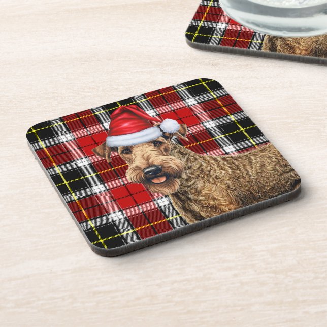 Christmas Airedale Terrier Dog Red Plaid Holiday Coaster (Left Side)