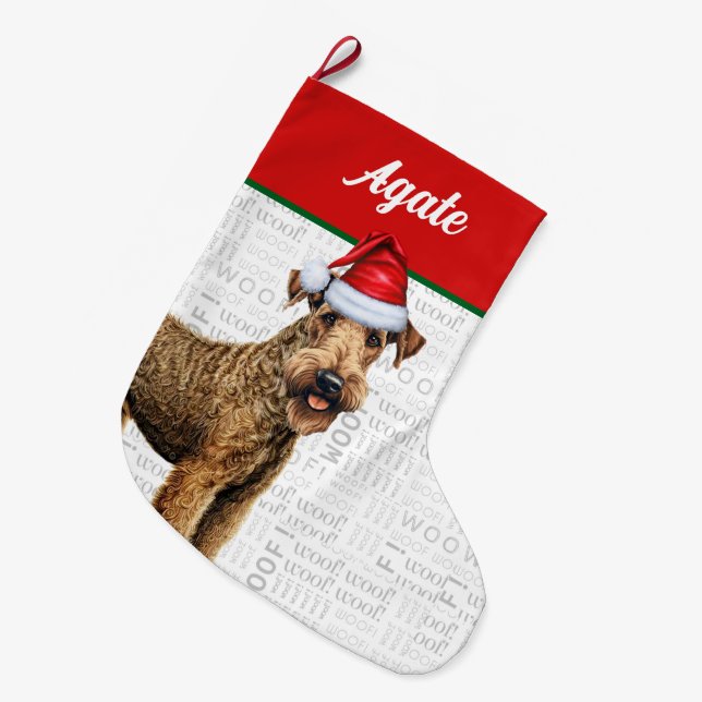 Christmas Airedale Terrier Name Woof Background Large Christmas Stocking (Front (Hanging))