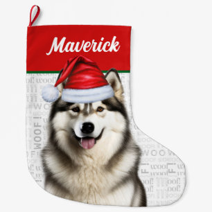 Christmas Alaskan Malamute Name Woof Background Large Christmas Stocking