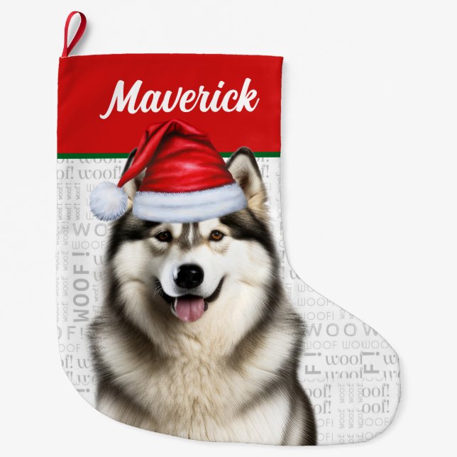 Christmas Alaskan Malamute Name Woof Background Large Christmas Stocking (Front)