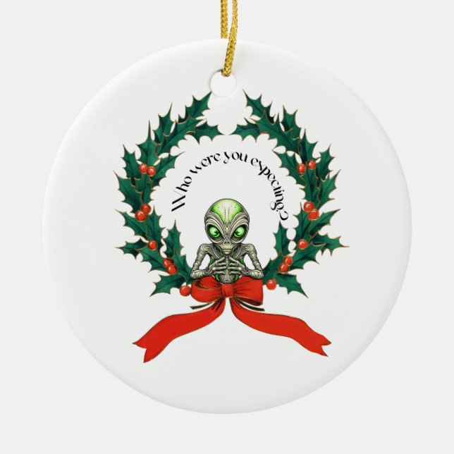 Christmas Alien Wreath Ceramic Tree Decoration (Front)