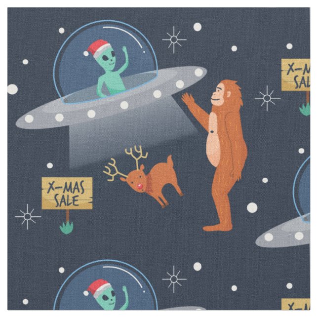 christmas alien yeti sasquatch bigfoot fabric (Close Up)