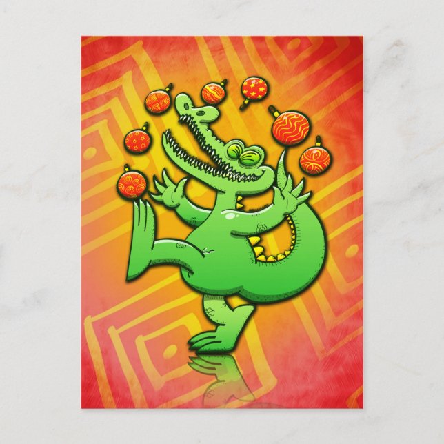 Christmas Alligator Juggling Xmas Balls Holiday Postcard (Front)