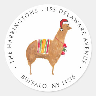 Christmas Alpaca Cute Hand-Illustrated Address  Classic Round Sticker