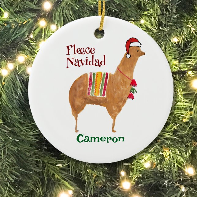 Christmas Alpaca Fleece Navidad Cute Keepsake Ceramic Tree Decoration (This hand-illustrated Christmas ornament features an alpaca in a Santa hat. Personalize the reverse!)