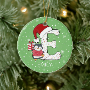 Christmas Alphabet E Santa Hat Penguin Snowflake Ceramic Tree Decoration