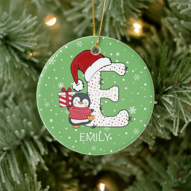 Christmas Alphabet E Santa Hat Penguin Snowflake Ceramic Tree Decoration (Tree)
