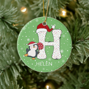 Christmas Alphabet H Santa Hat Penguin Snowflake Ceramic Tree Decoration