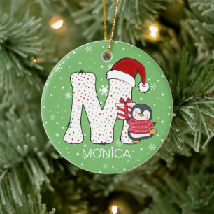 Christmas Alphabet M Santa Hat Penguin Snowflake Ceramic Tree Decoration