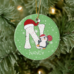 Christmas Alphabet N Santa Hat Penguin Snowflake Ceramic Tree Decoration