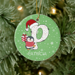 Christmas Alphabet P Santa Hat Penguin Snowflake Ceramic Tree Decoration