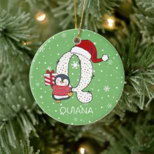 Christmas Alphabet Q Santa Hat Penguin Snowflake Ceramic Tree Decoration