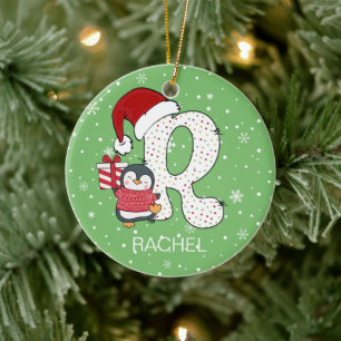 Christmas Alphabet R Santa Hat Penguin Snowflake Ceramic Tree Decoration