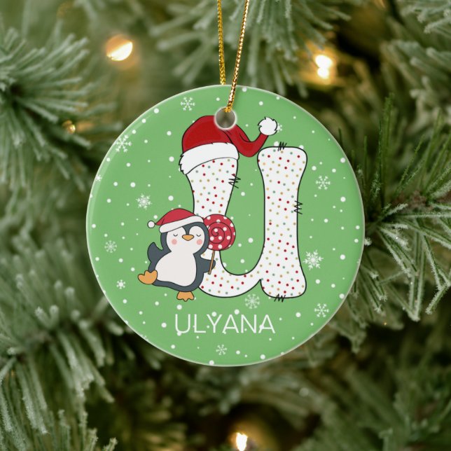 Christmas Alphabet U Santa Hat Penguin Snowflake Ceramic Tree Decoration (Tree)