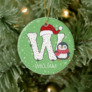 Christmas Alphabet W Santa Hat Penguin Snowflake Ceramic Tree Decoration