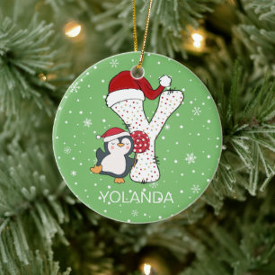 Christmas Alphabet Y Santa Hat Penguin Snowflake Ceramic Tree Decoration