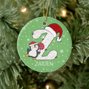 Christmas Alphabet Z Santa Hat Penguin Snowflake Ceramic Tree Decoration