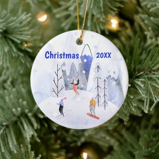 Christmas Alpine Ski Mountain Village Skiers Ceramic Tree Decoration (Tree)