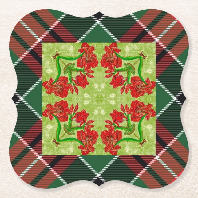 Christmas Amaryllis Plaid Coaster (Front)