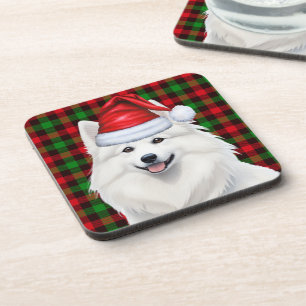 Christmas American Eskimo Dog Plaid Holiday Coaster