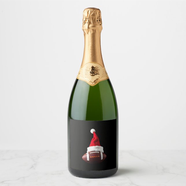 Christmas American Football Ball Santa Hat (1) Sparkling Wine Label (Front)