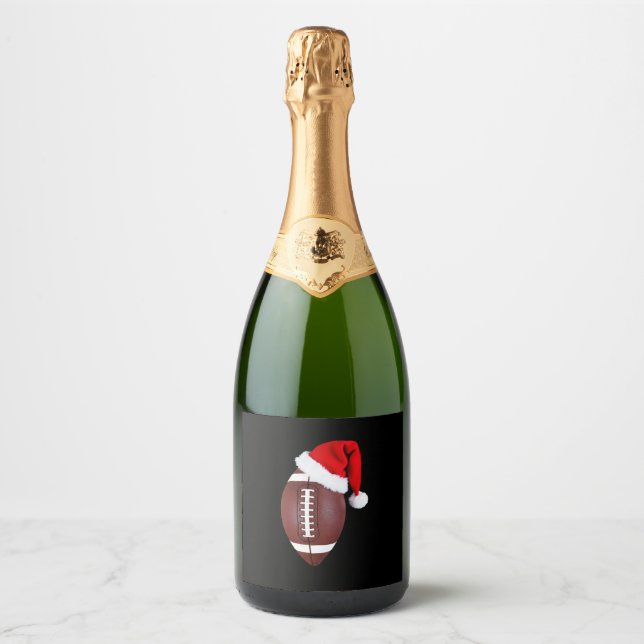 Christmas American Football Ball Santa Hat (1) Sparkling Wine Label (Front)