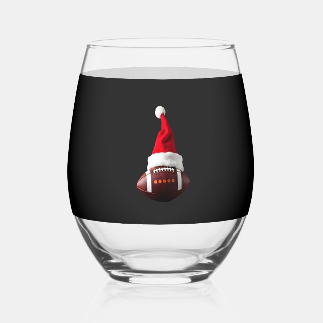 Christmas American Football Ball Santa Hat (1) Stemless Wine Glass (Front)