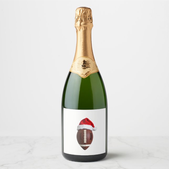 Christmas American Football Ball Santa Hat (2) Sparkling Wine Label (Front)