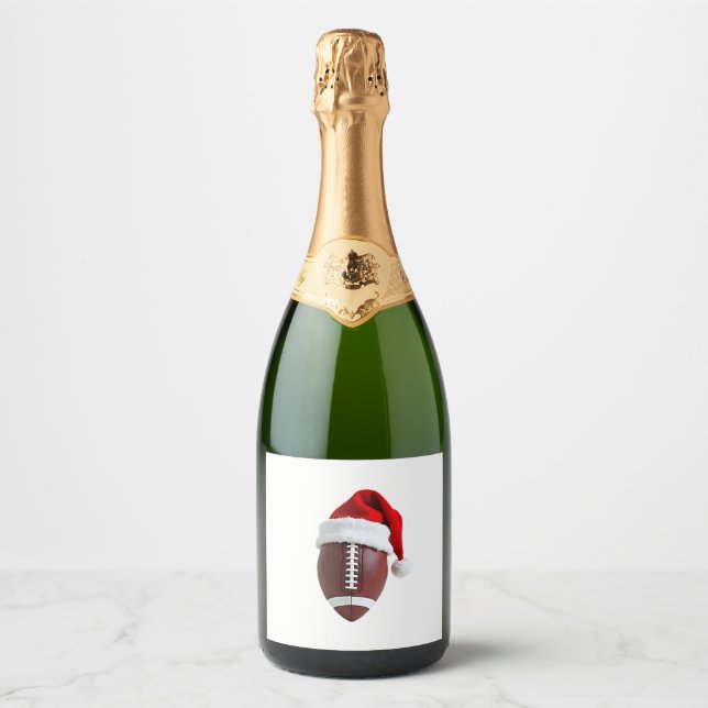 Christmas American Football Ball Santa Hat (3) Sparkling Wine Label (Front)