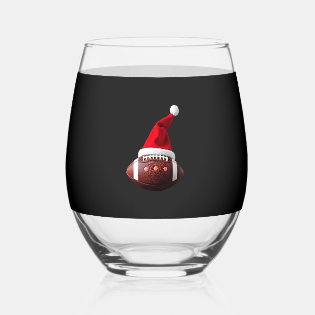 Christmas American Football Ball Santa Hat (3) Stemless Wine Glass (Front)