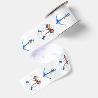 Christmas Anchor and Life Ring Nautical Satin Ribbon