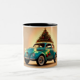 christmas and a vintage car Two-Tone coffee mug