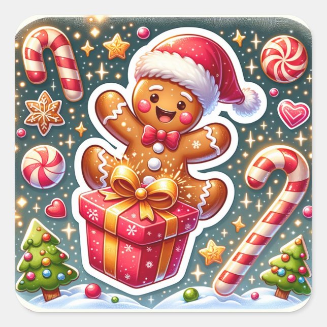 Christmas and Ginger Bread Man Square Sticker (Front)