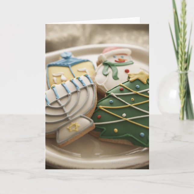 Christmas and Hanukkah cookies on plate, Holiday Card (Front)