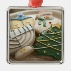Christmas and Hanukkah cookies on plate, Metal Tree Decoration