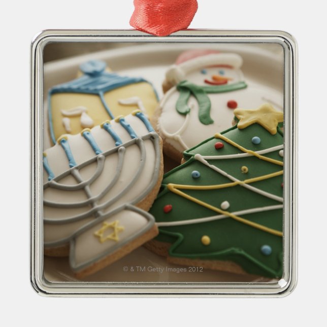 Christmas and Hanukkah cookies on plate, Metal Tree Decoration (Front)