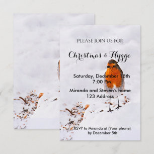 Christmas and Hygge invite card cute robin in snow