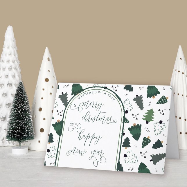 Christmas and New Year Calligraphy Green Trees Holiday Card (Christmas & New Year holiday card available professionally printed or as printable digital download)