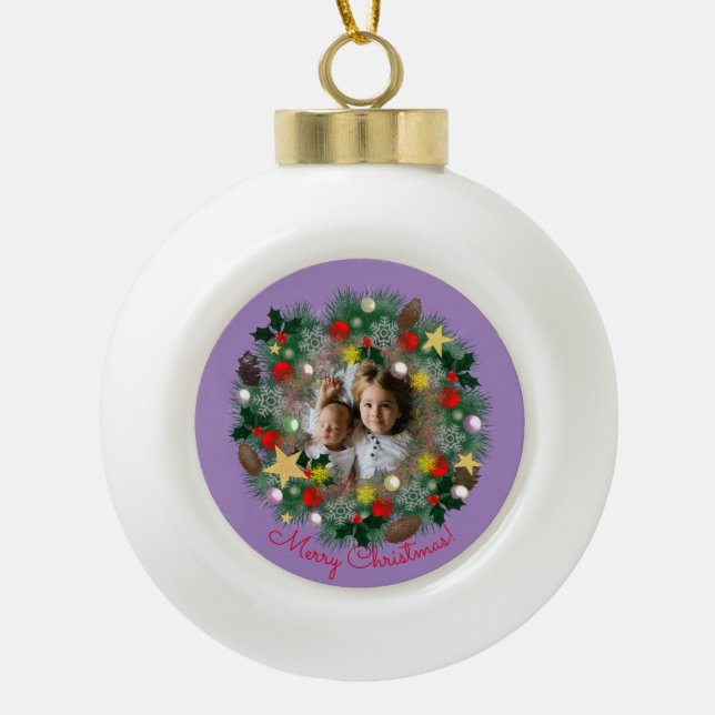 Christmas and New Year greetings, photo in a wreat Ceramic Ball Christmas Ornament (Front)