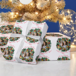 Christmas and New Year greetings, photo in wreath Wrapping Paper