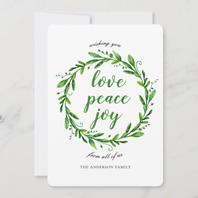 Christmas and New Year wreath. Love, Peace, Joy Holiday Card (Front)