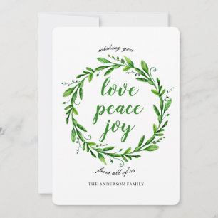 Christmas and New Year wreath. Love, Peace, Joy Holiday Card